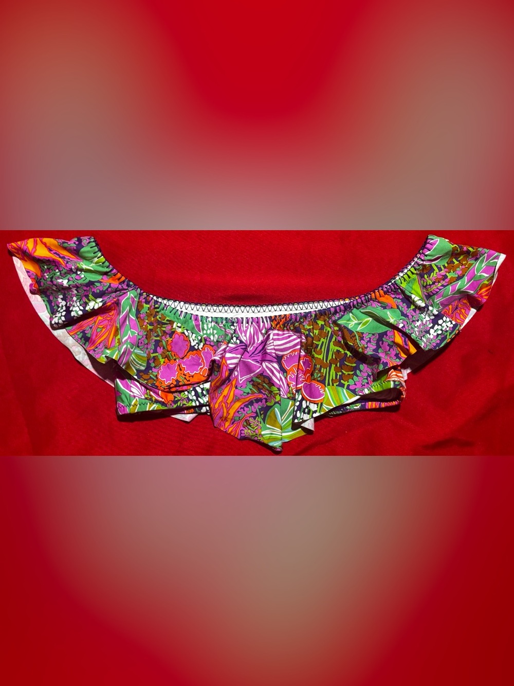 Trina Turk Ruffled Off-Shoulder Bikini Top in Purple, Green & Pink